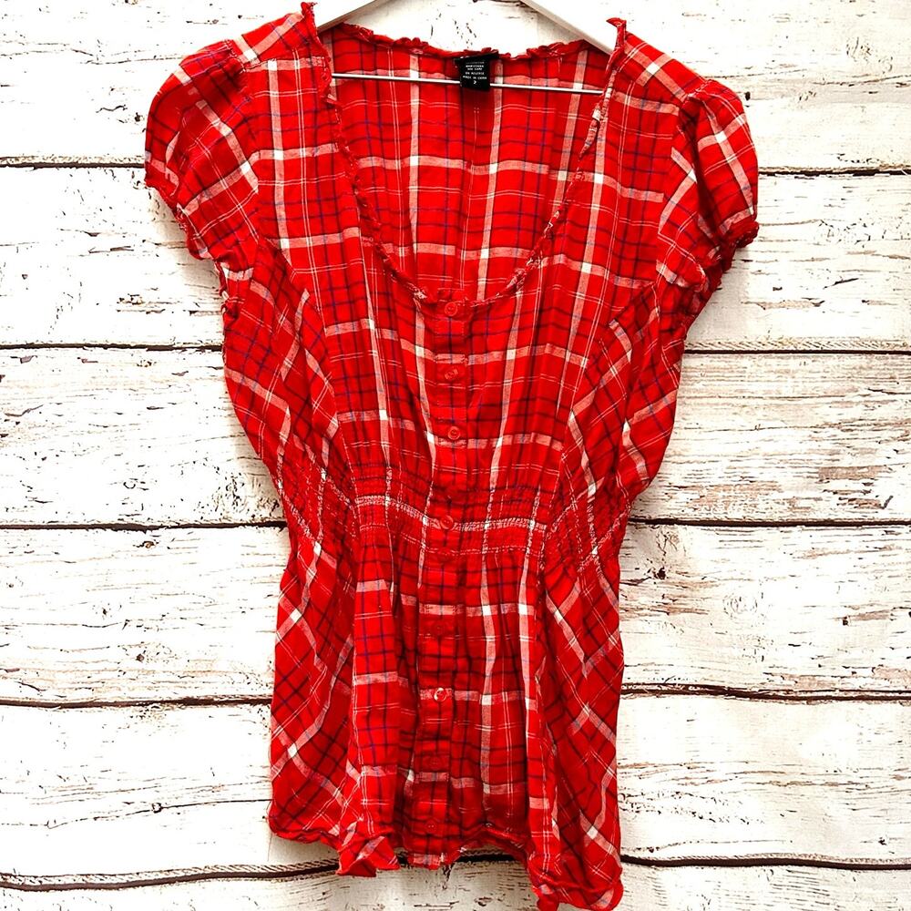 TORRID Red Plaid Babydoll Top Smocked Waist Short Puff Sleeve Size 2 18-20 2X
